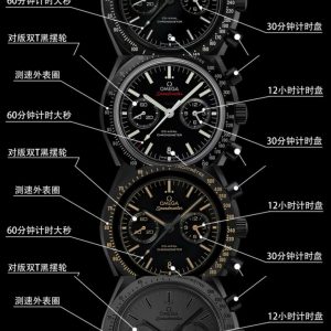 TVS Upgrade Highlights: Features the 9300 Dual-T Black Balance Wheel: 1850.TVS Pioneer Edition: Omega Speedmaster Dark Side of the Moon 311.92.44.51.01.005 44.25mm Co-Axial Chronograph. Features the in-house developed 9300 movement with 3 o'clock subdials displaying [12-hour] and [30-minute] cumulative timekeeping. All functions and aesthetics meticulously crafted to replicate the original [1:1] replica.Movement: 9300 Dual-T Black Balance Wheel, Automatic Co-Axial Master Chronometer Chronograph Movement. Rhodium-plated movement with distinctive Arabic-style Geneva waves. Bezel: Brushed ceramic. Dial: Matte dark gray ceramic dial. Case: Brushed black. Strap: Black nylon fabric strap. Crystal: Double-domed sapphire crystal. Scratch-resistant. Functions: Date display, Chronograph.